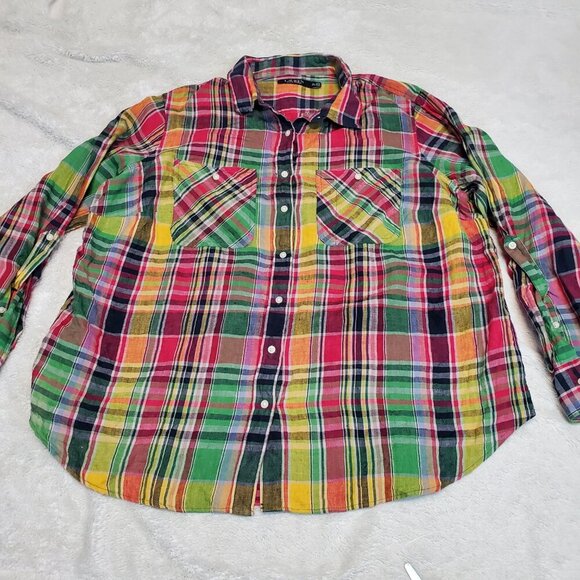 Lauren Ralph Lauren Multicolor Plaid Linen Button‎ Up Casual Plus Size Blouse 2x - Picture 1 of 11